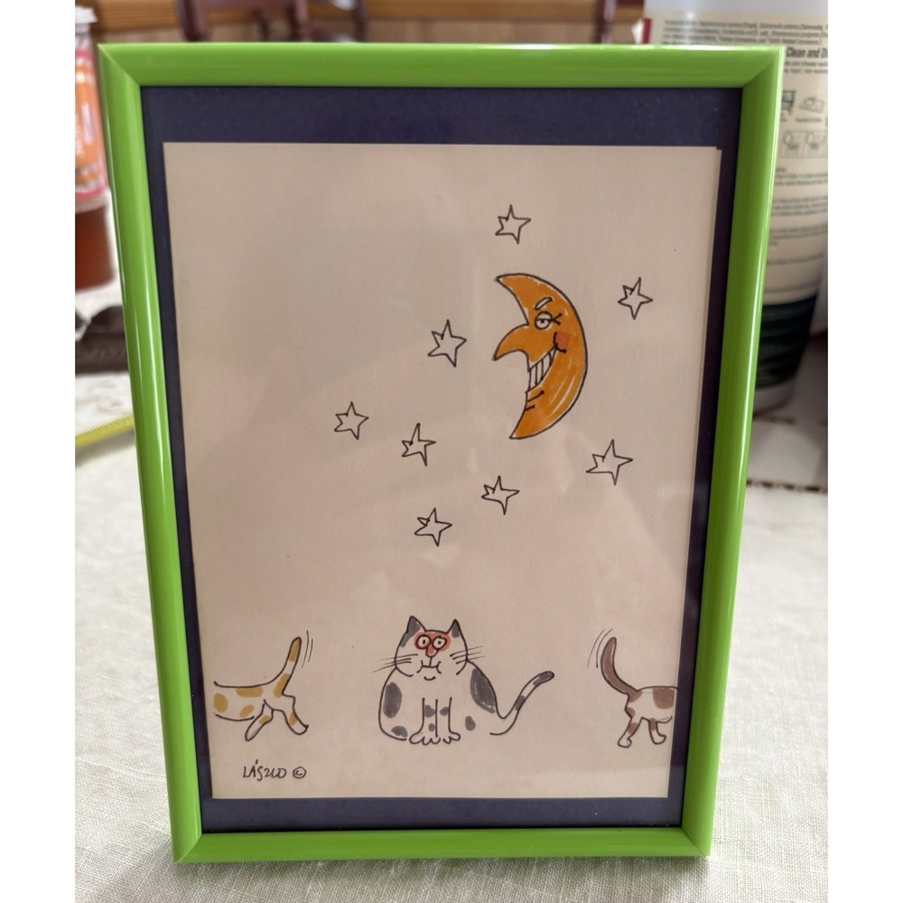 Cat Drawing - Signed Laszlo - Cat, Moon, Stars - Standing Or Hanging Frame‎ - Picture 2 of 6
